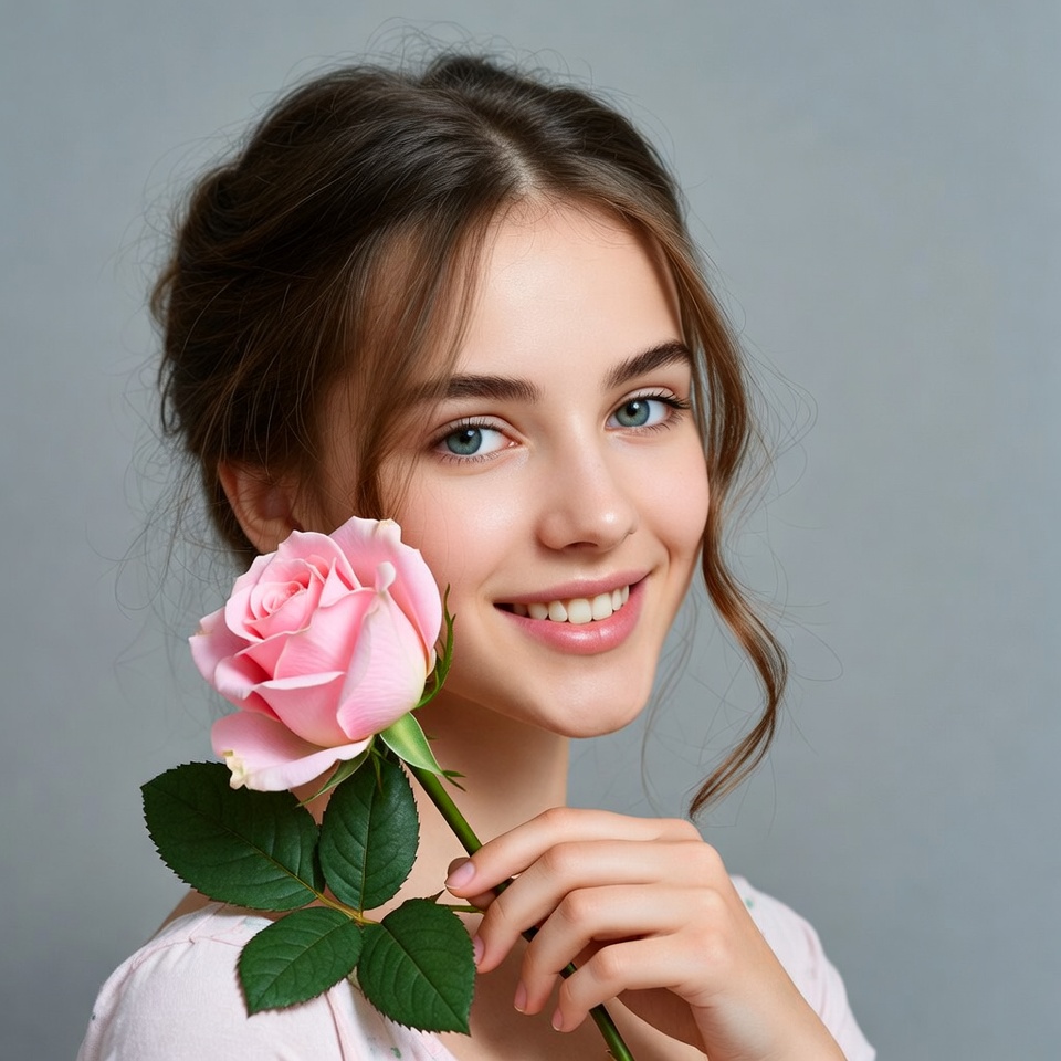 Young woman holding pink rose Young woman holding pink rose