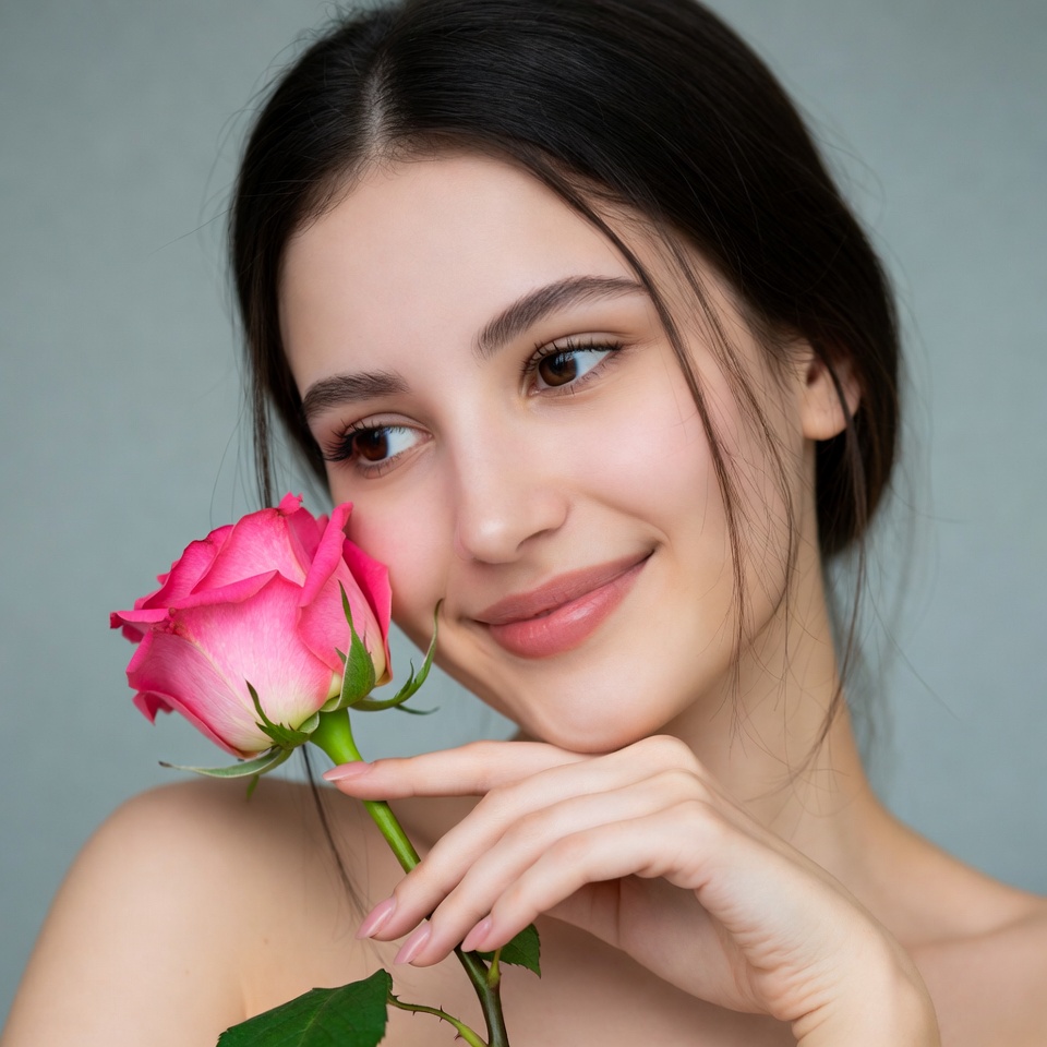 Woman holding pink rose Woman holding pink rose