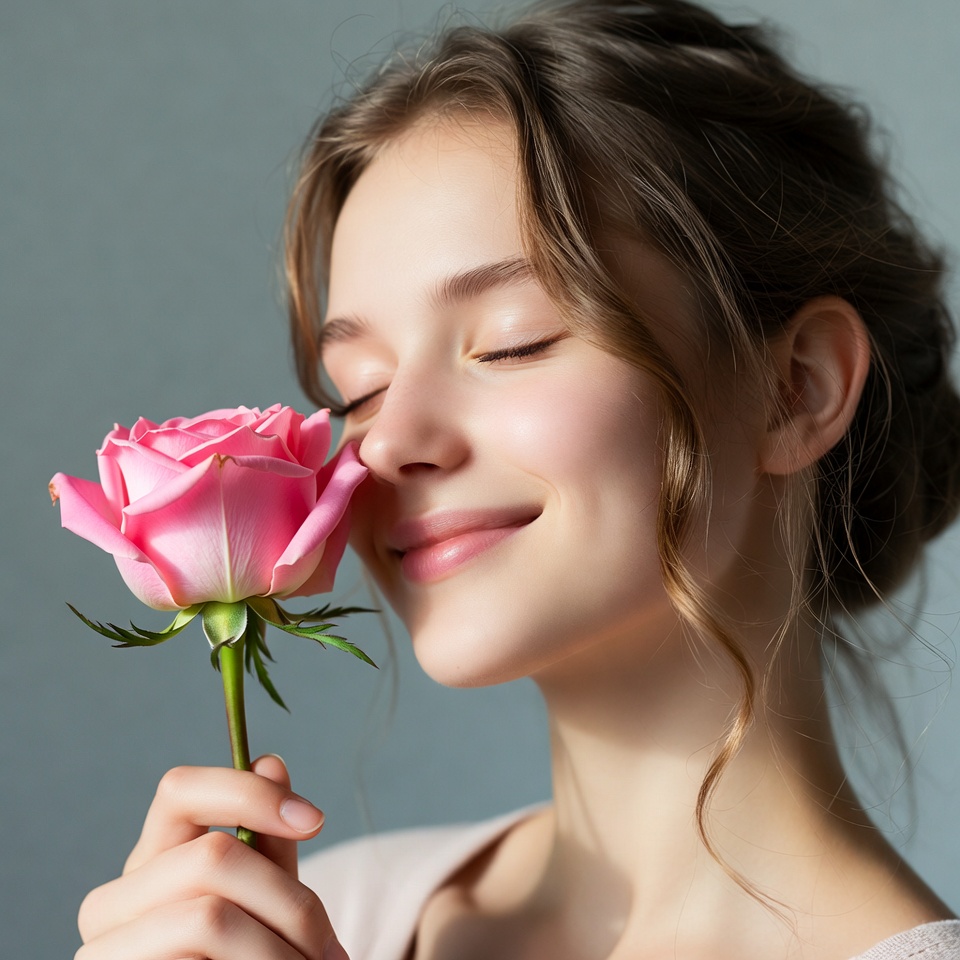 Woman smelling pink rose Woman smelling pink rose