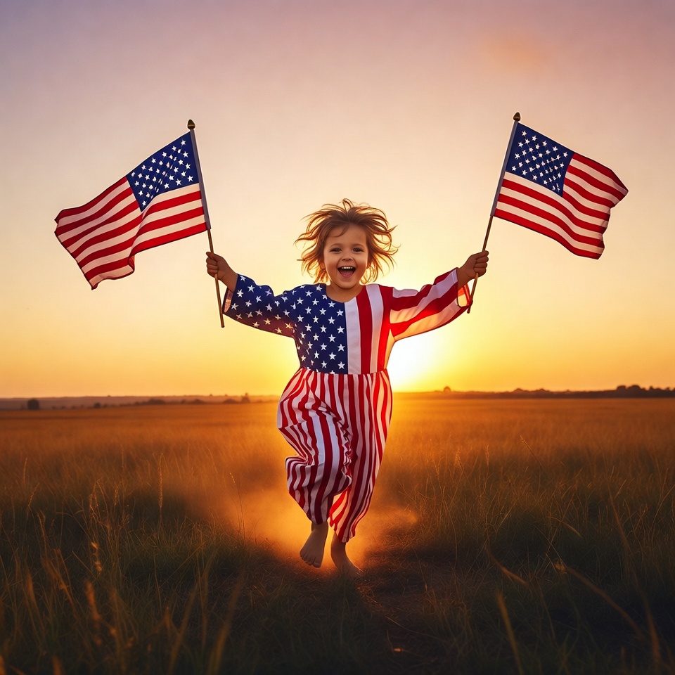 Girl waving American flags in field Girl waving American flags in field