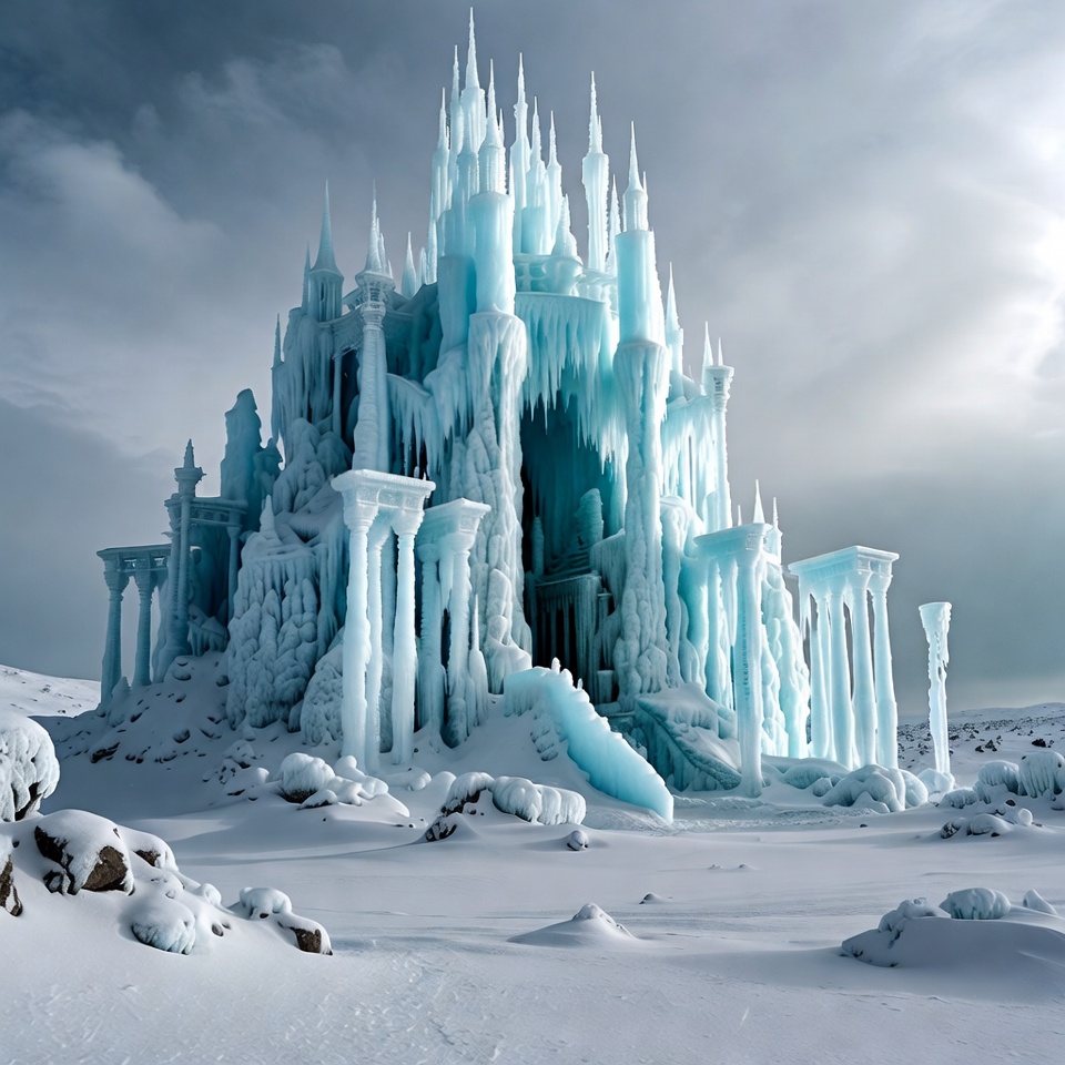 Majestic Ice Castle in Snowy Landscape Majestic Ice Castle in Snowy Landscape
