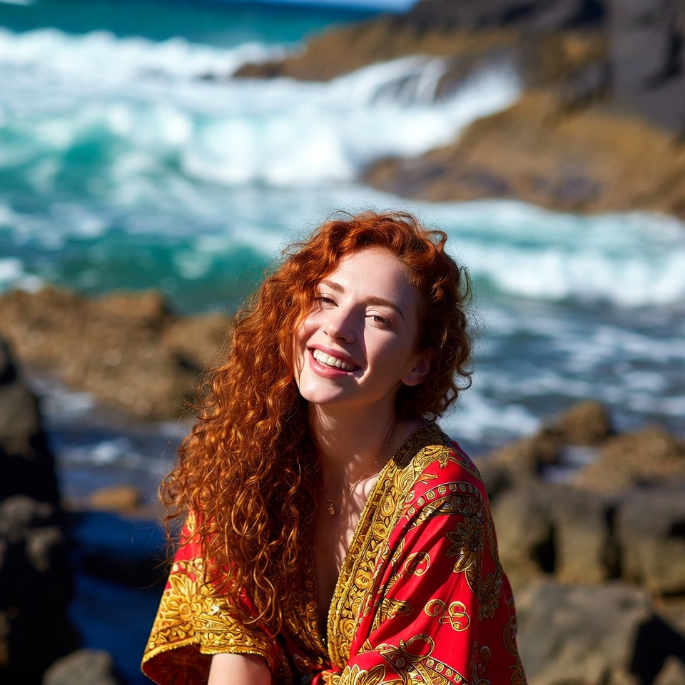 Redhead woman smiling on beach rocks Redhead woman smiling on beach rocks