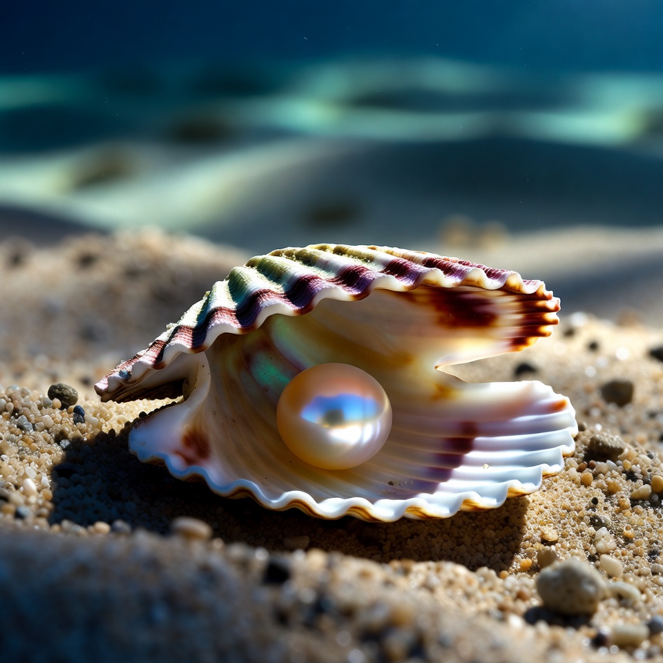 Open Seashell with Pearl on Beach Open Seashell with Pearl on Beach