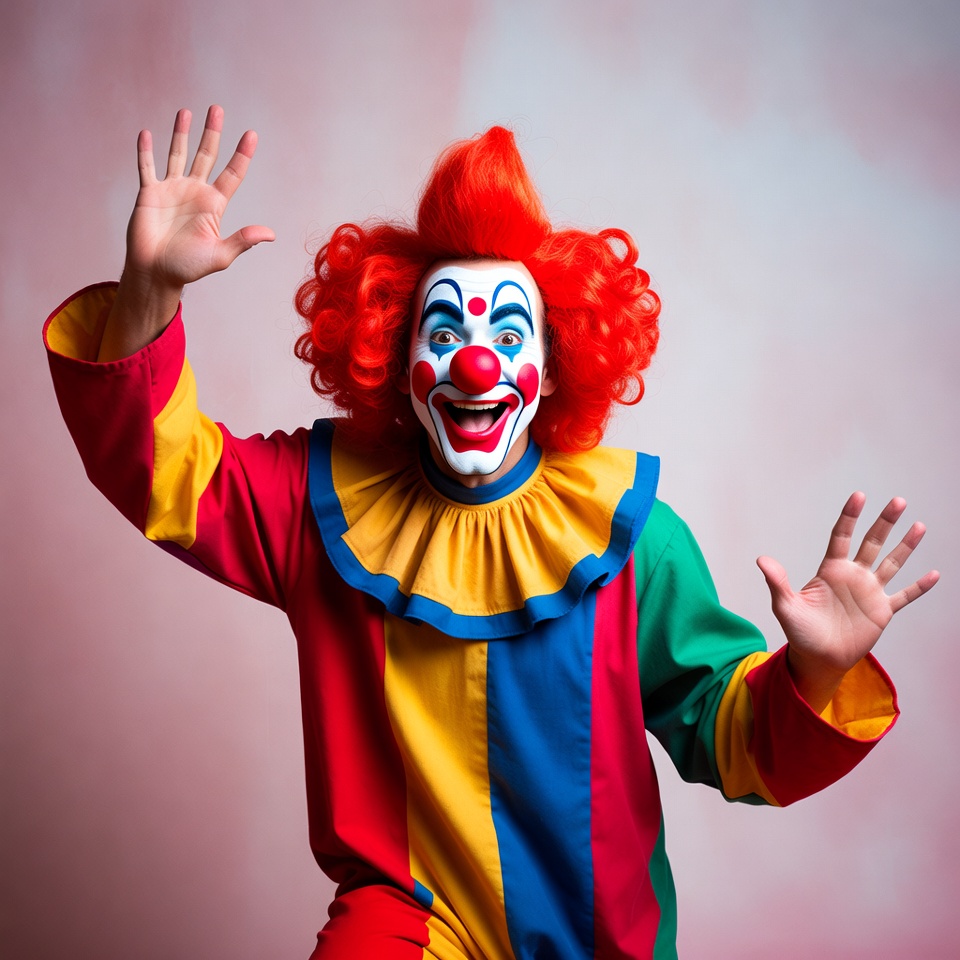 Clown raising hands excitedly Clown raising hands excitedly
