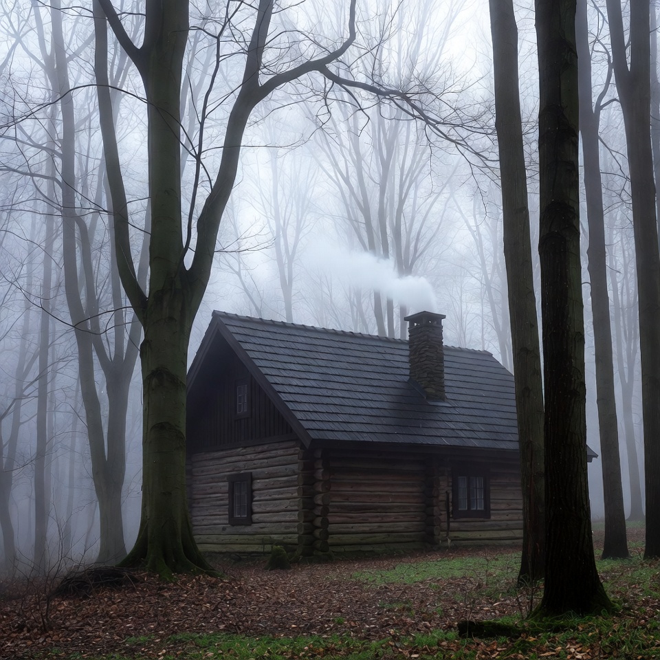 Foggy Cabin in Bare Forest Foggy Cabin in Bare Forest