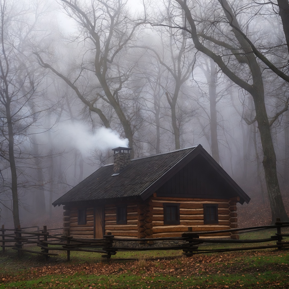 Log Cabin in Foggy Forest Log Cabin in Foggy Forest