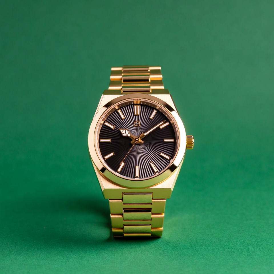 Gold luxury watch on green background Gold luxury watch on green background
