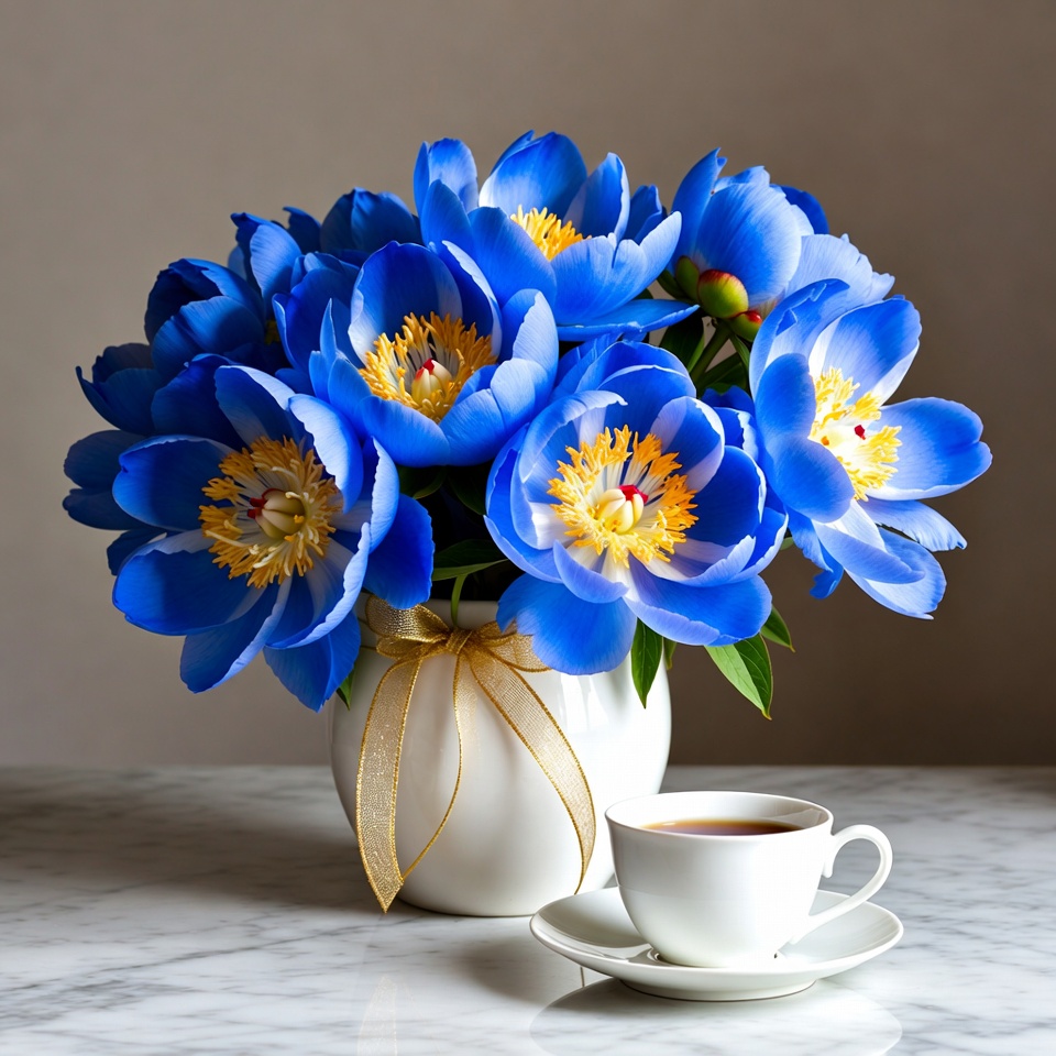 Blue Peonies Bouquet with Teacup Blue Peonies Bouquet with Teacup