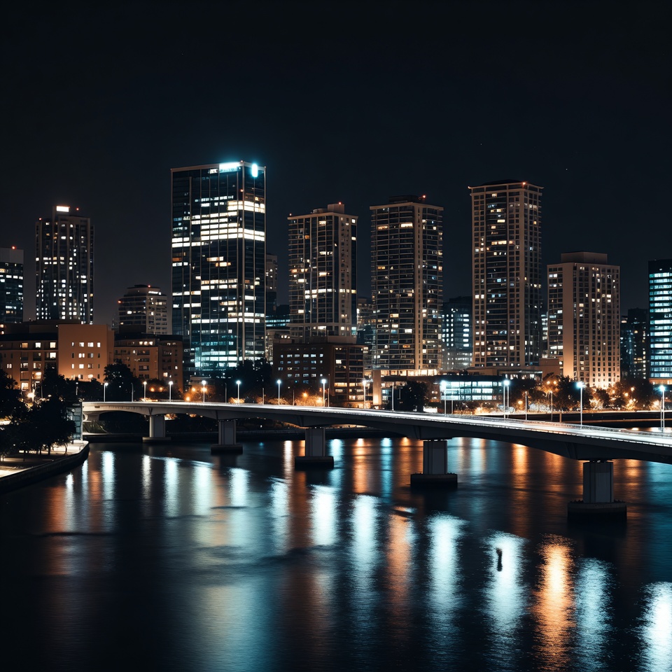 Night city skyline with bridge over river Night city skyline with bridge over river