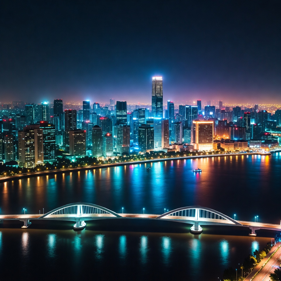 Night skyline with river and bridge Night skyline with river and bridge