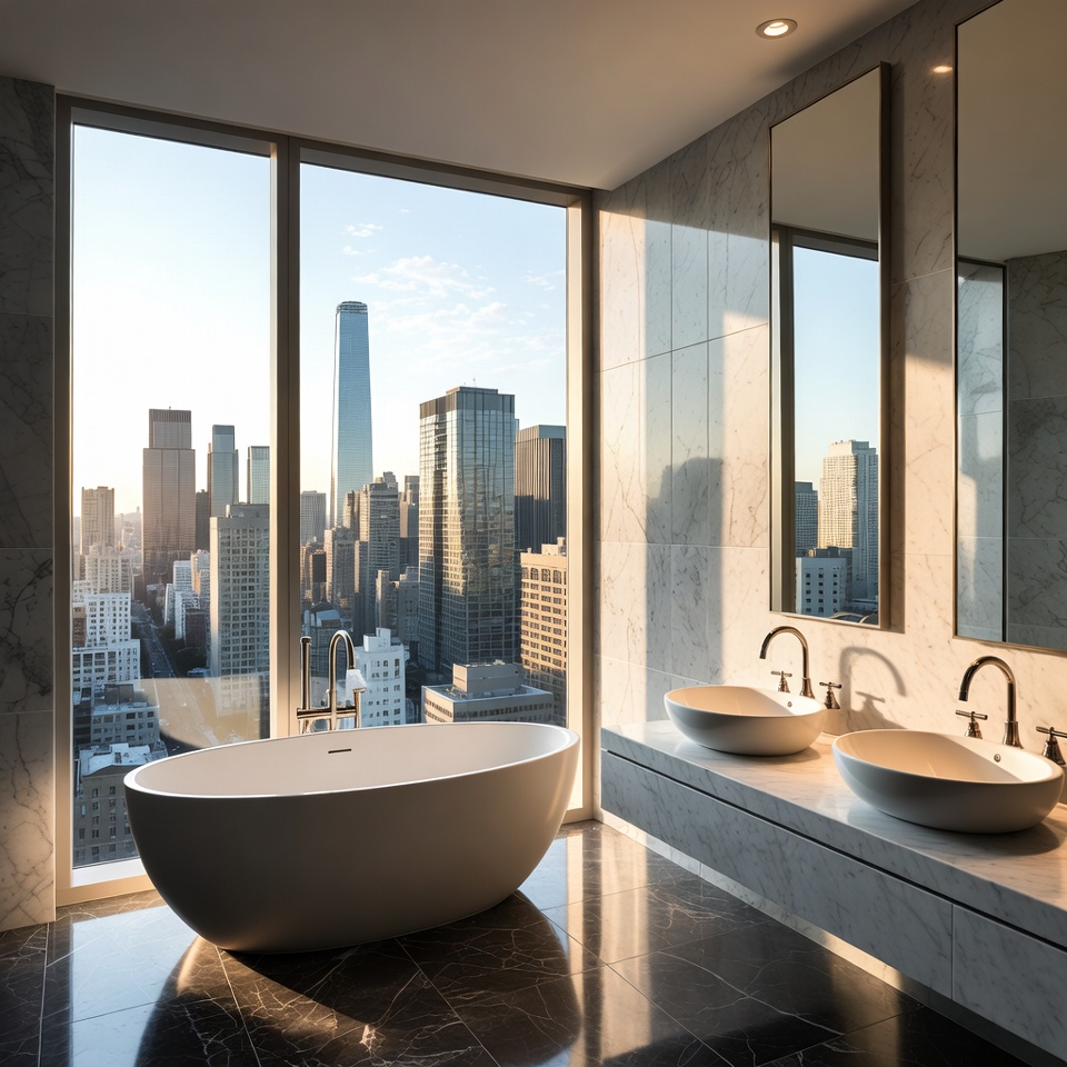 Luxury Bathroom Bathtub with City Skyline View Luxury Bathroom Bathtub with City Skyline View