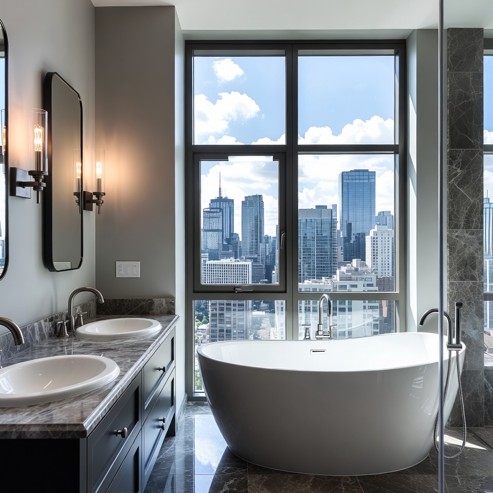 Luxury Bathroom with Bathtub and City Skyline Luxury Bathroom with Bathtub and City Skyline