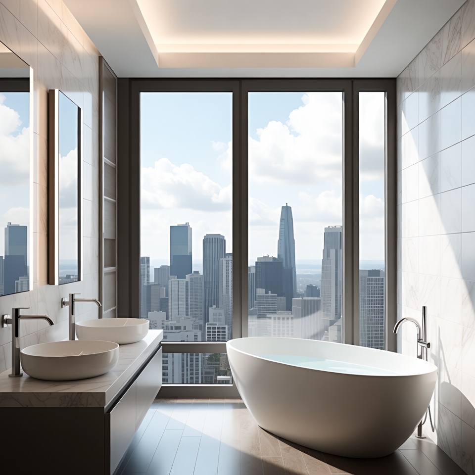 Luxury Bathroom with City Skyline View Luxury Bathroom with City Skyline View