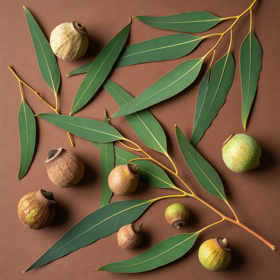 Eucalyptus Leaves and Buds Flat Lay Eucalyptus Leaves and Buds Flat Lay