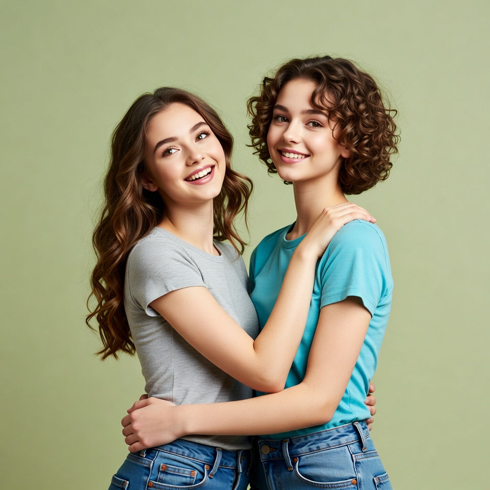 Two smiling teenage girls hugging Two smiling teenage girls hugging