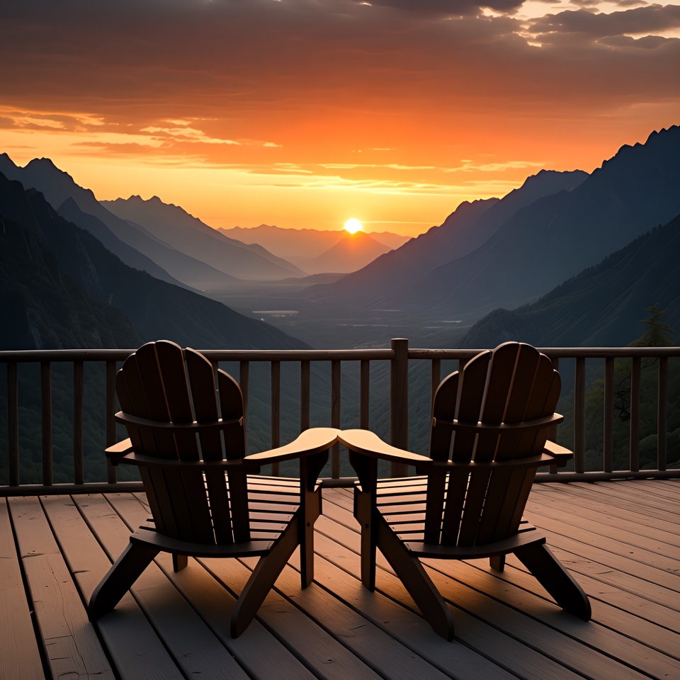 Adirondack Chairs on Deck at Sunset Adirondack Chairs on Deck at Sunset