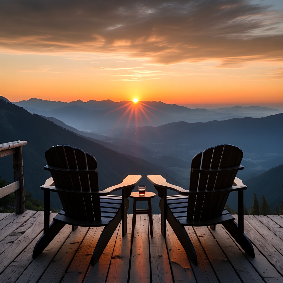 Adirondack Chairs Overlooking Mountain Sunset Adirondack Chairs Overlooking Mountain Sunset
