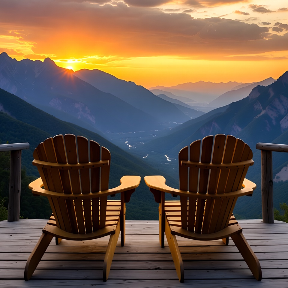 Two Adirondack Chairs Overlooking Mountain Sunset Two Adirondack Chairs Overlooking Mountain Sunset