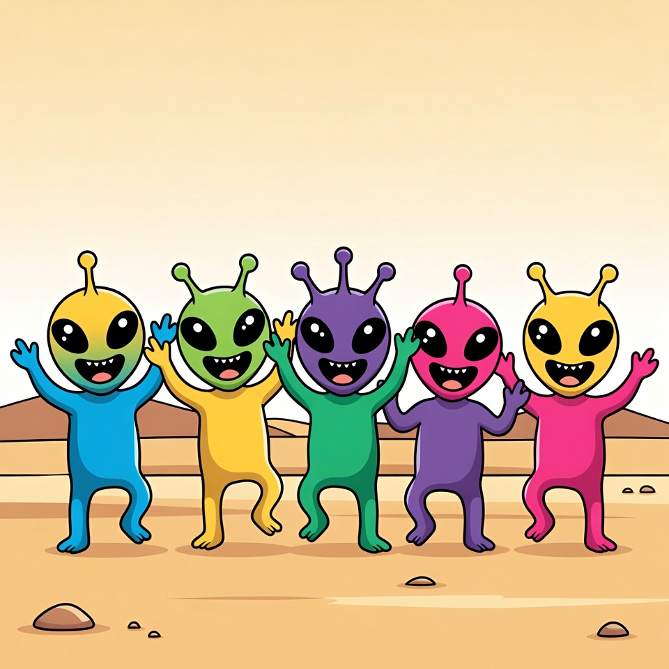 Five colorful aliens dancing together Five colorful aliens dancing together