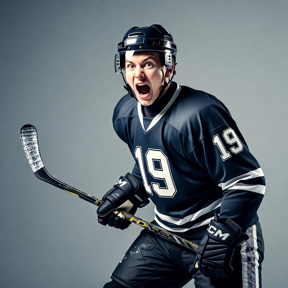 Intense hockey player shouting with stick Intense hockey player shouting with stick