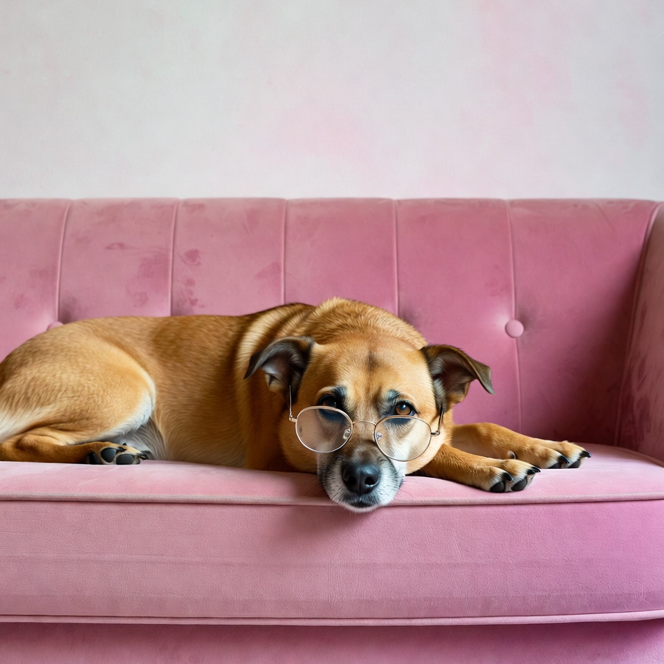 Dog wearing glasses on pink couch Dog wearing glasses on pink couch
