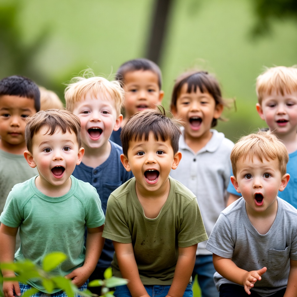 Group of diverse boys laughing outdoors Group of diverse boys laughing outdoors