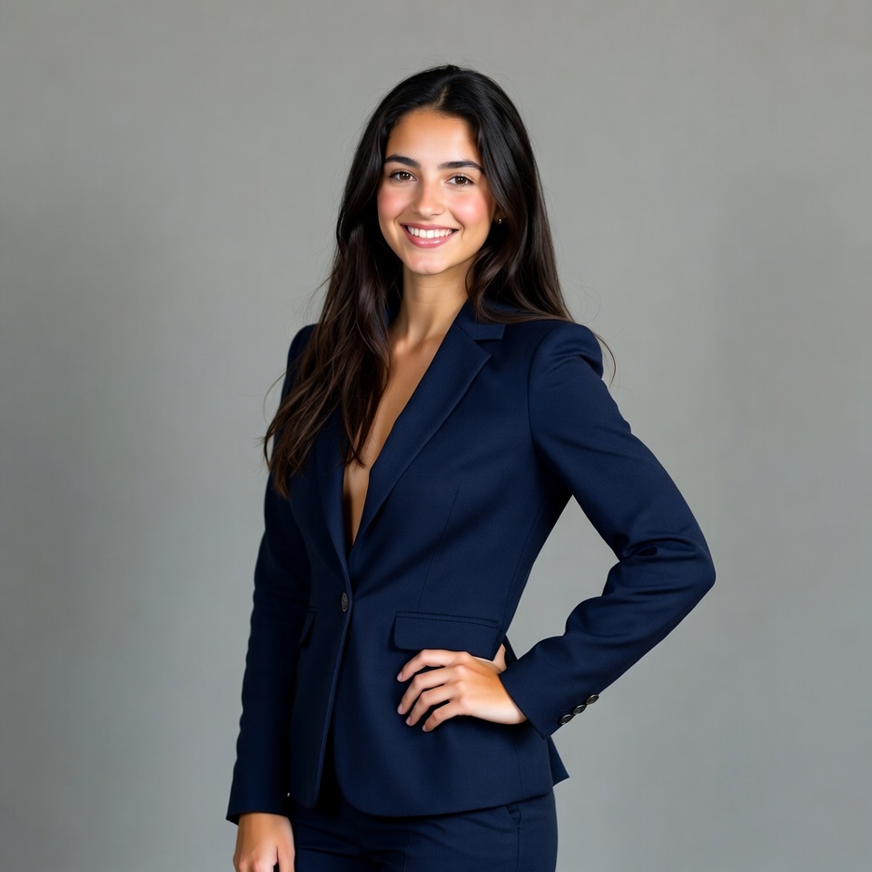 Smiling woman in navy suit Smiling woman in navy suit