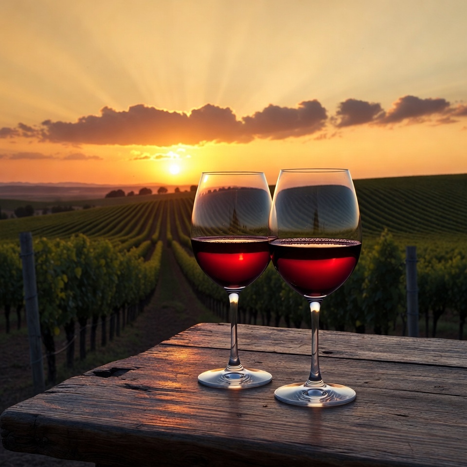 Two red wine glasses in vineyard sunset Two red wine glasses in vineyard sunset