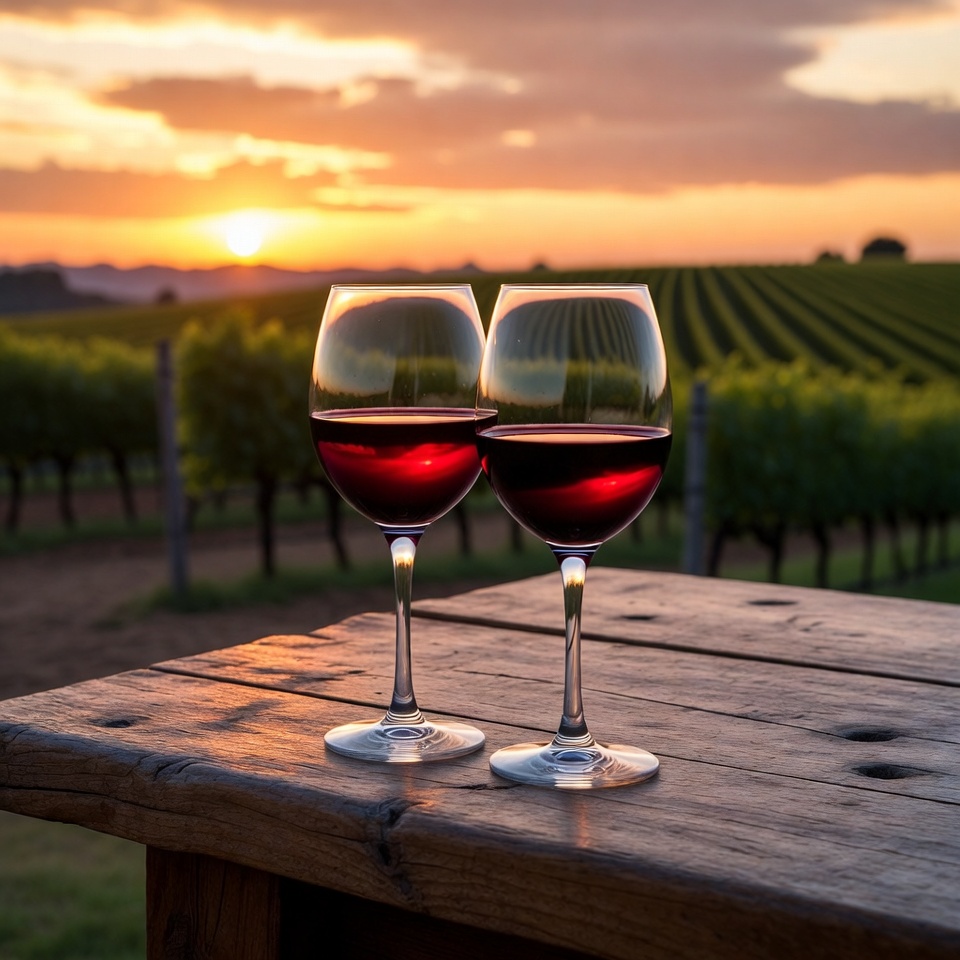 Two red wine glasses at vineyard sunset Two red wine glasses at vineyard sunset