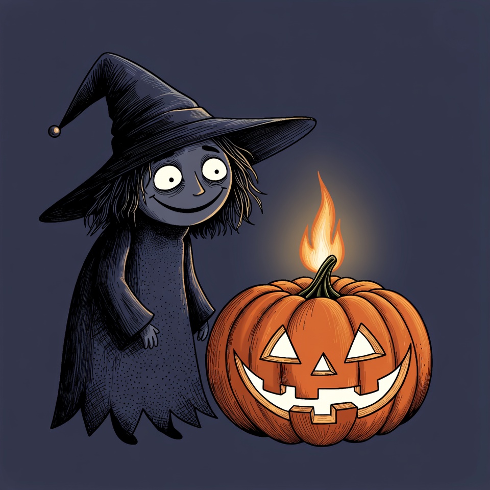 Cartoon witch next to jack-o-lantern Cartoon witch next to jack-o-lantern