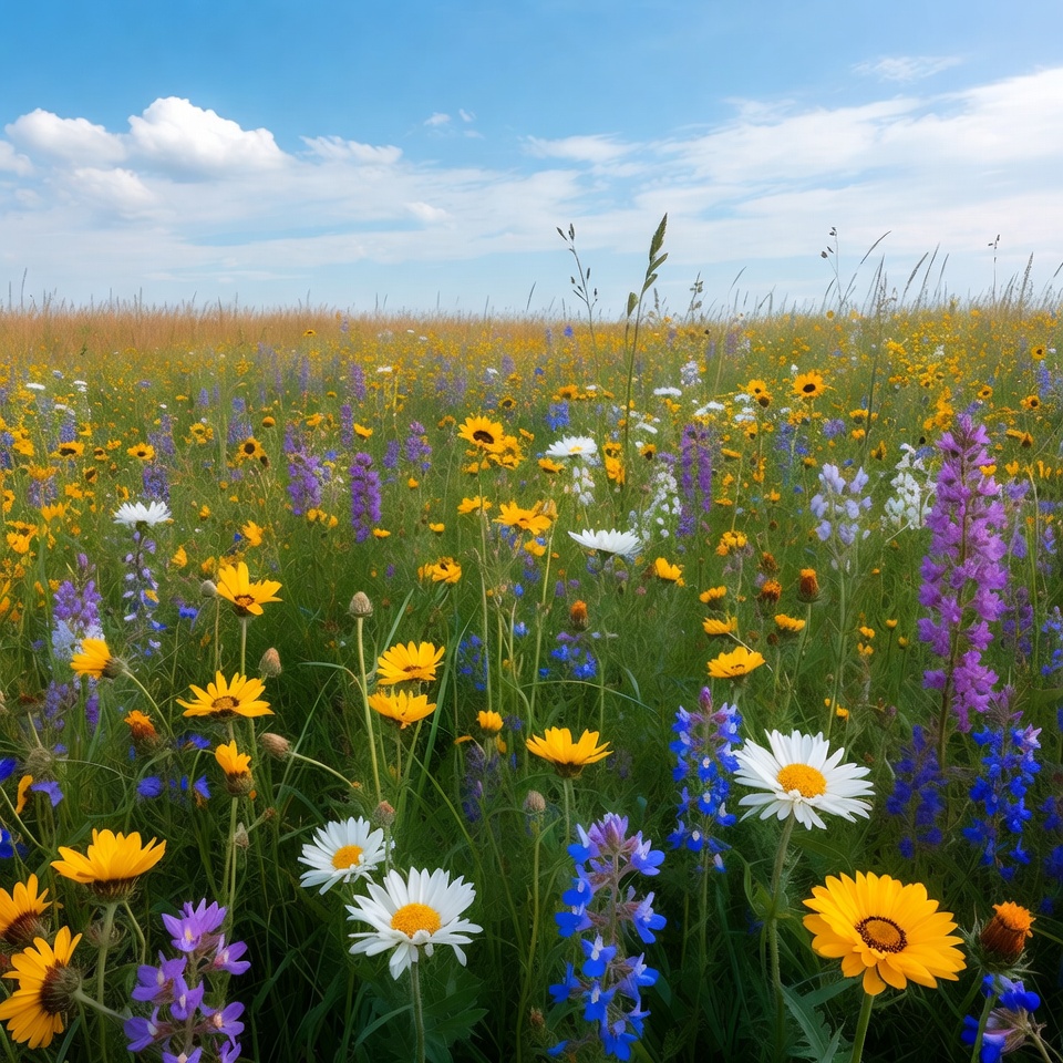 Colorful wildflower field under blue sky Colorful wildflower field under blue sky