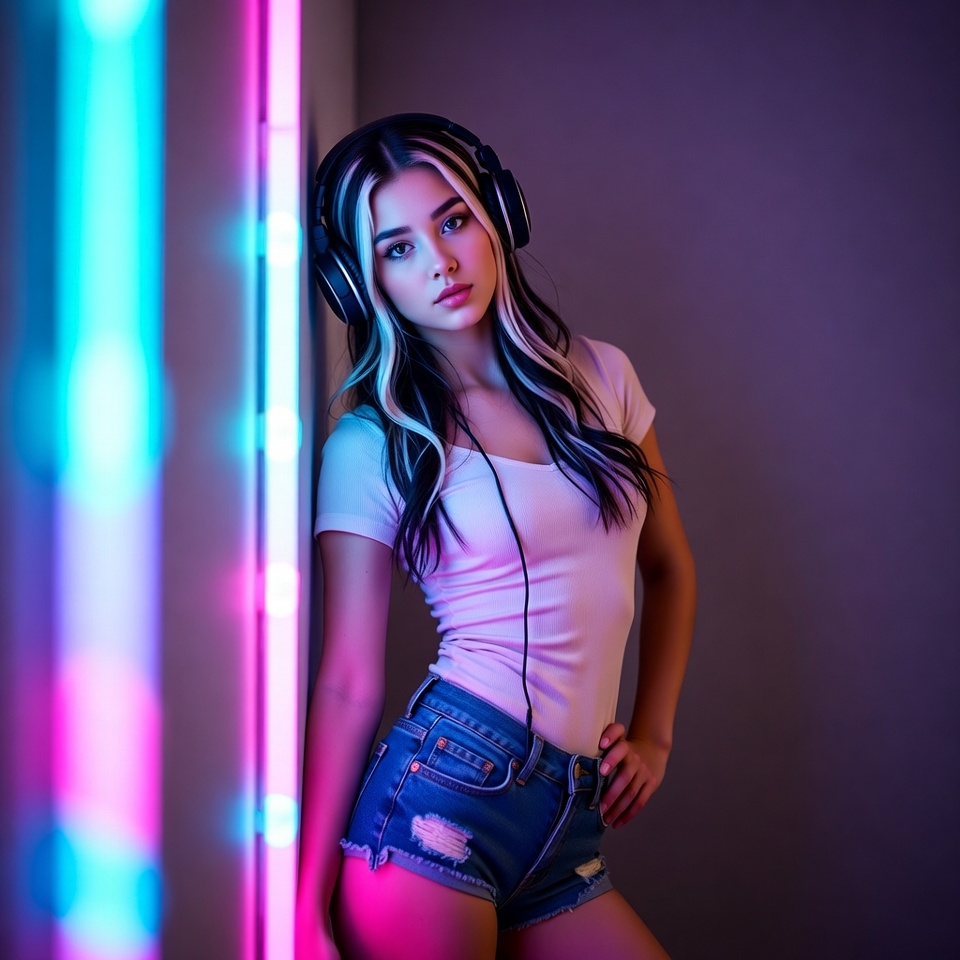 Woman with headphones by neon wall Woman with headphones by neon wall