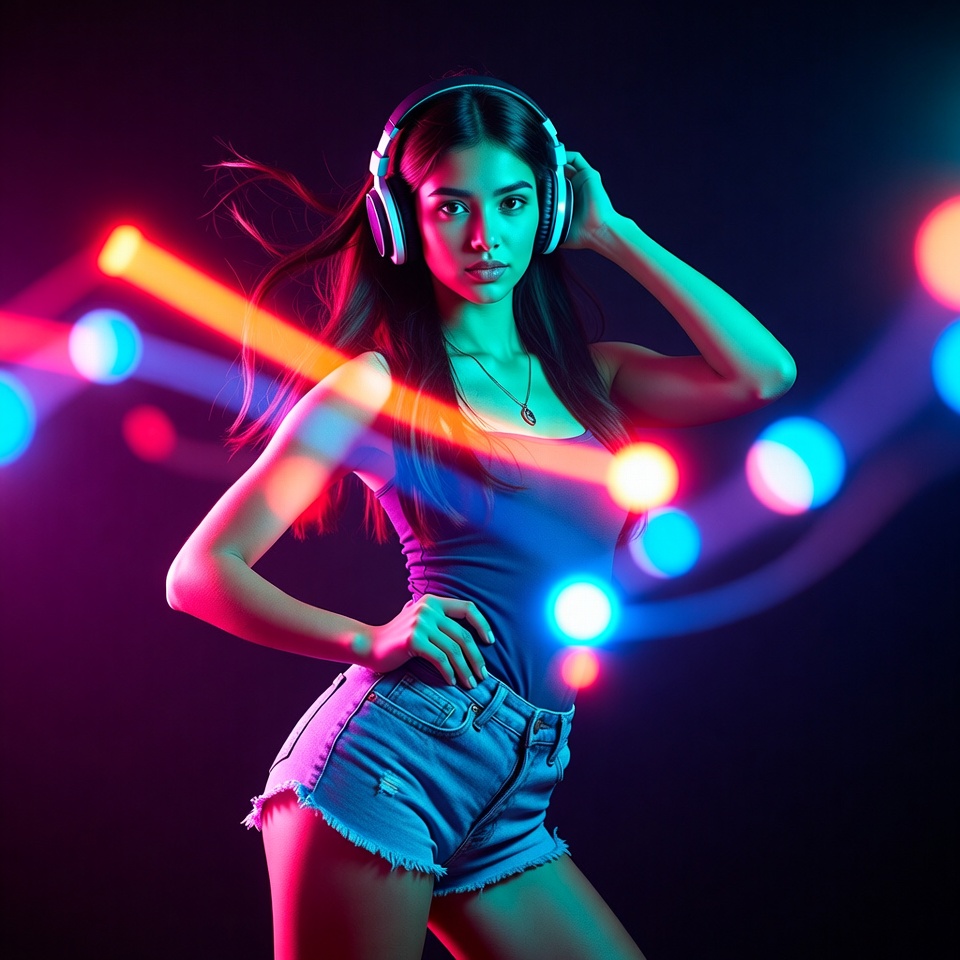 Asian woman wearing headphones neon lights Asian woman wearing headphones neon lights
