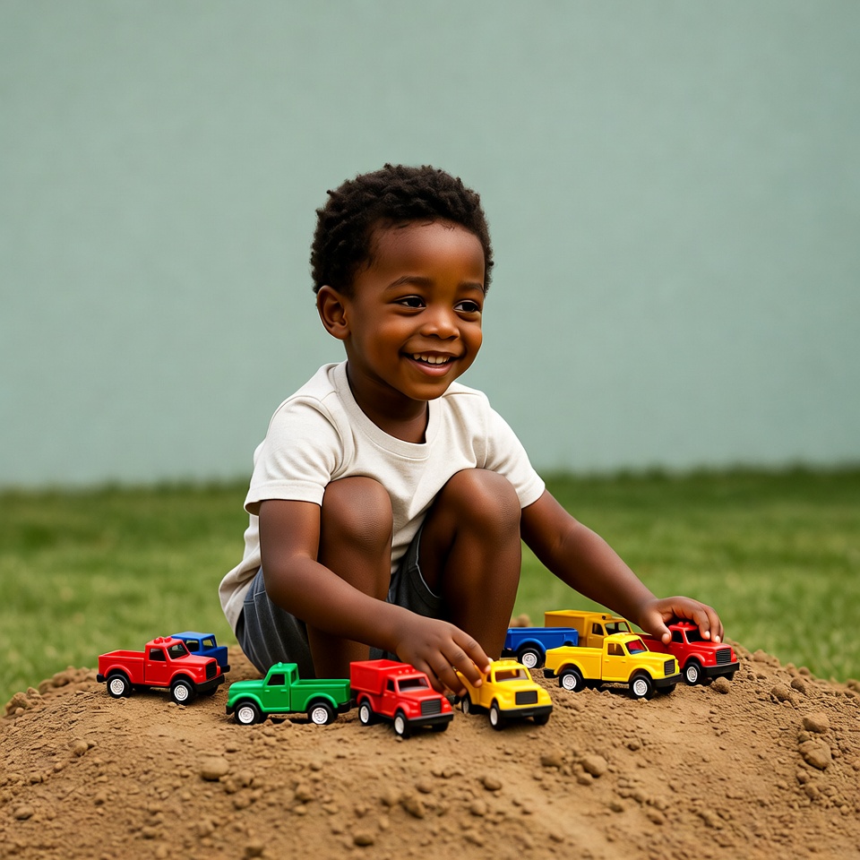 African-American boy playing toy trucks African-American boy playing toy trucks