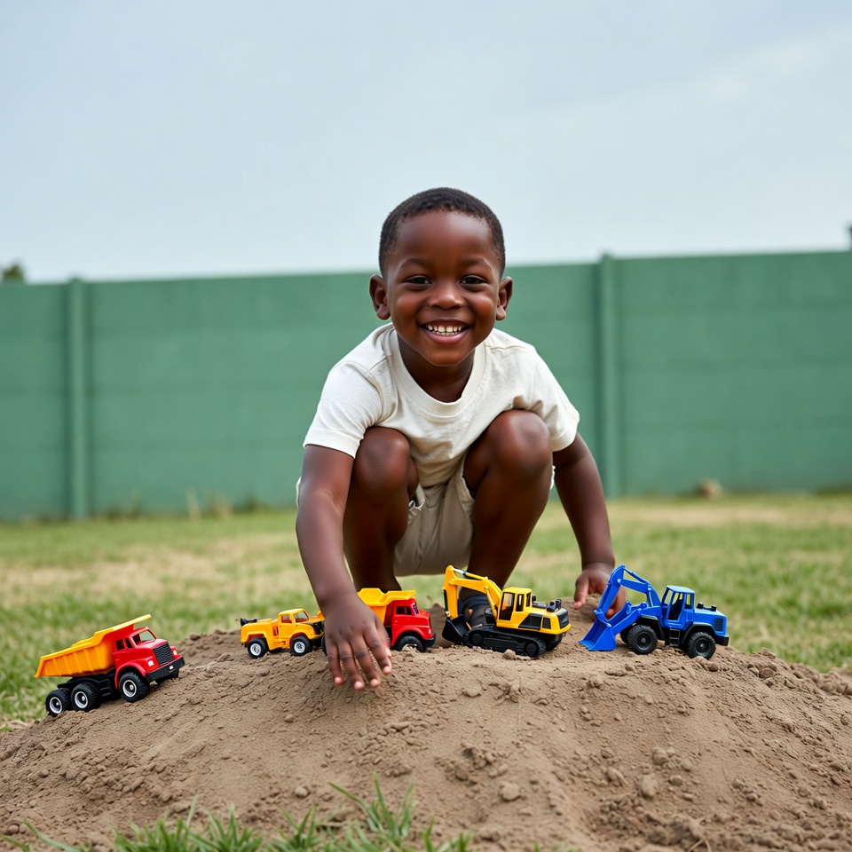 Black boy playing with toy construction vehicles Black boy playing with toy construction vehicles