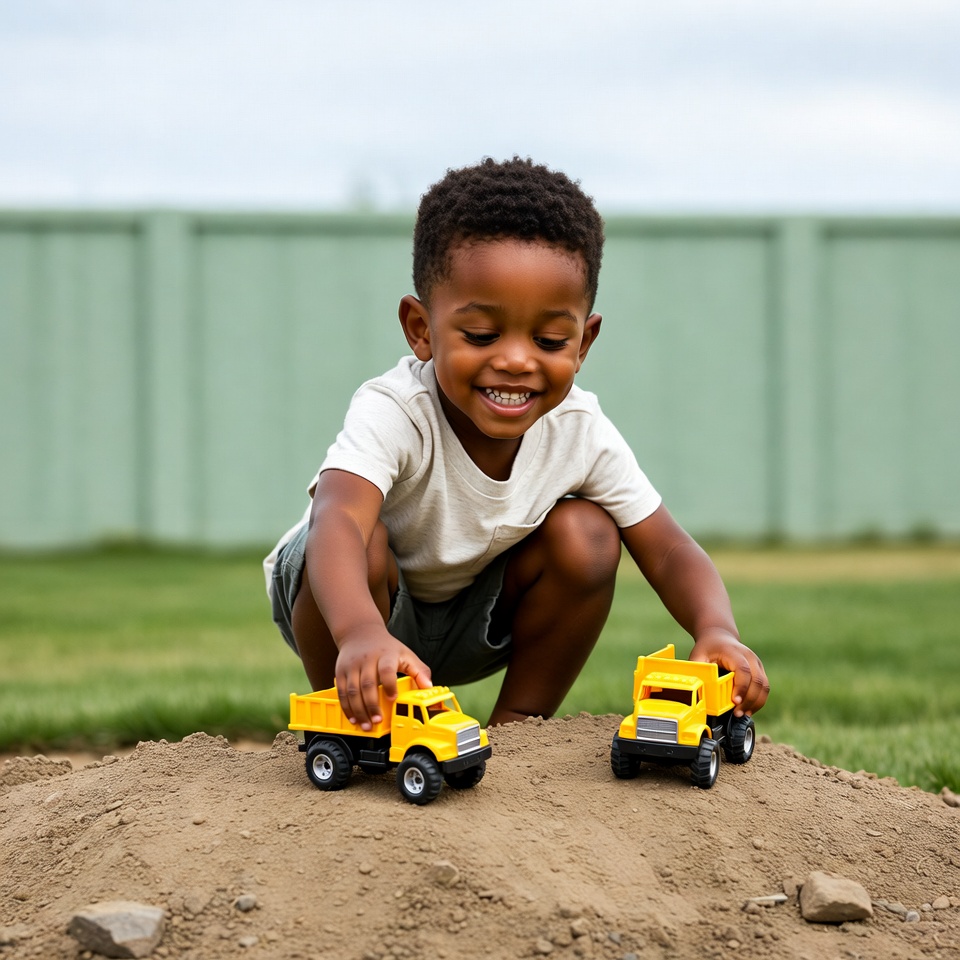 African-American boy playing with dump trucks African-American boy playing with dump trucks