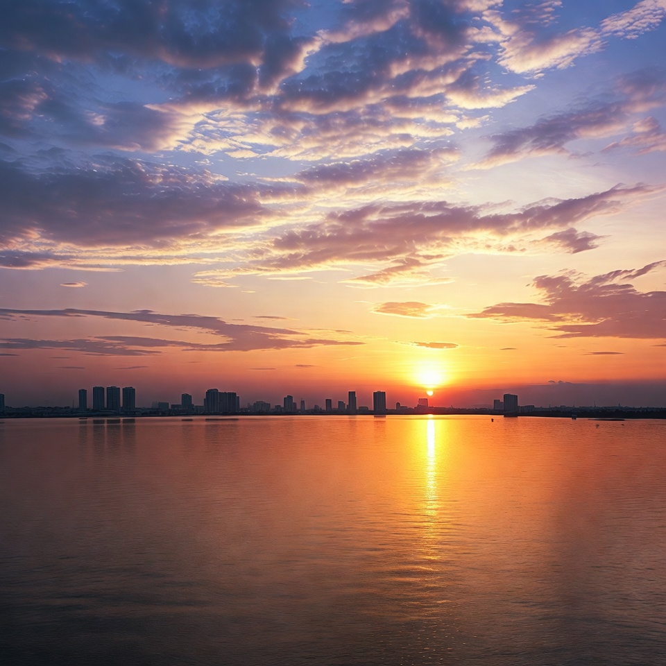 Sunset over city skyline and lake Sunset over city skyline and lake