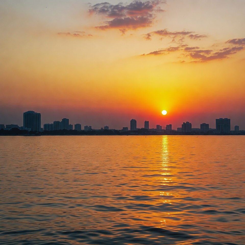 Sunset over city skyline and lake Sunset over city skyline and lake
