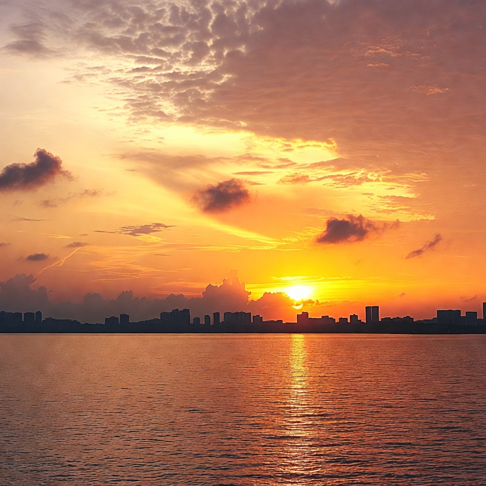 Sunset over city skyline and water Sunset over city skyline and water