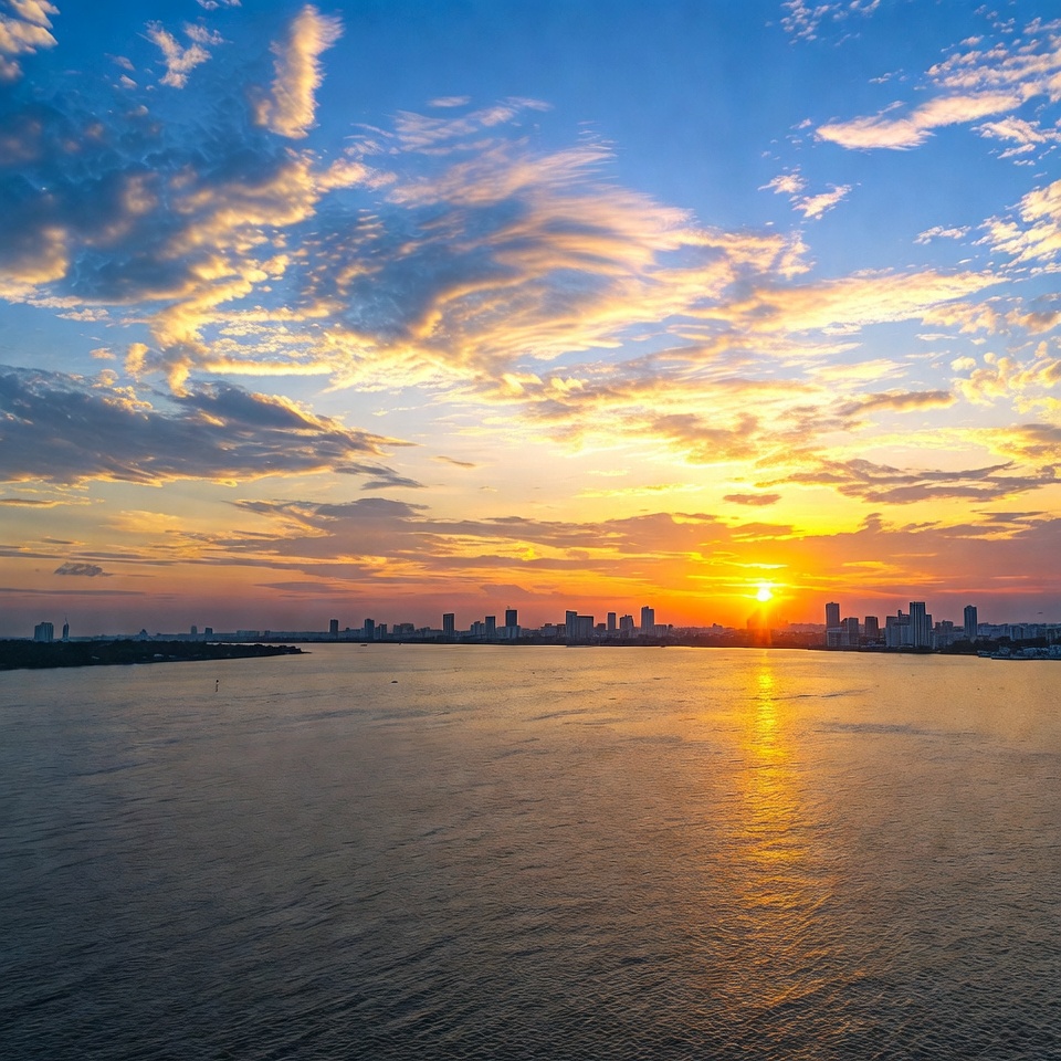 Sunset over city skyline and river Sunset over city skyline and river