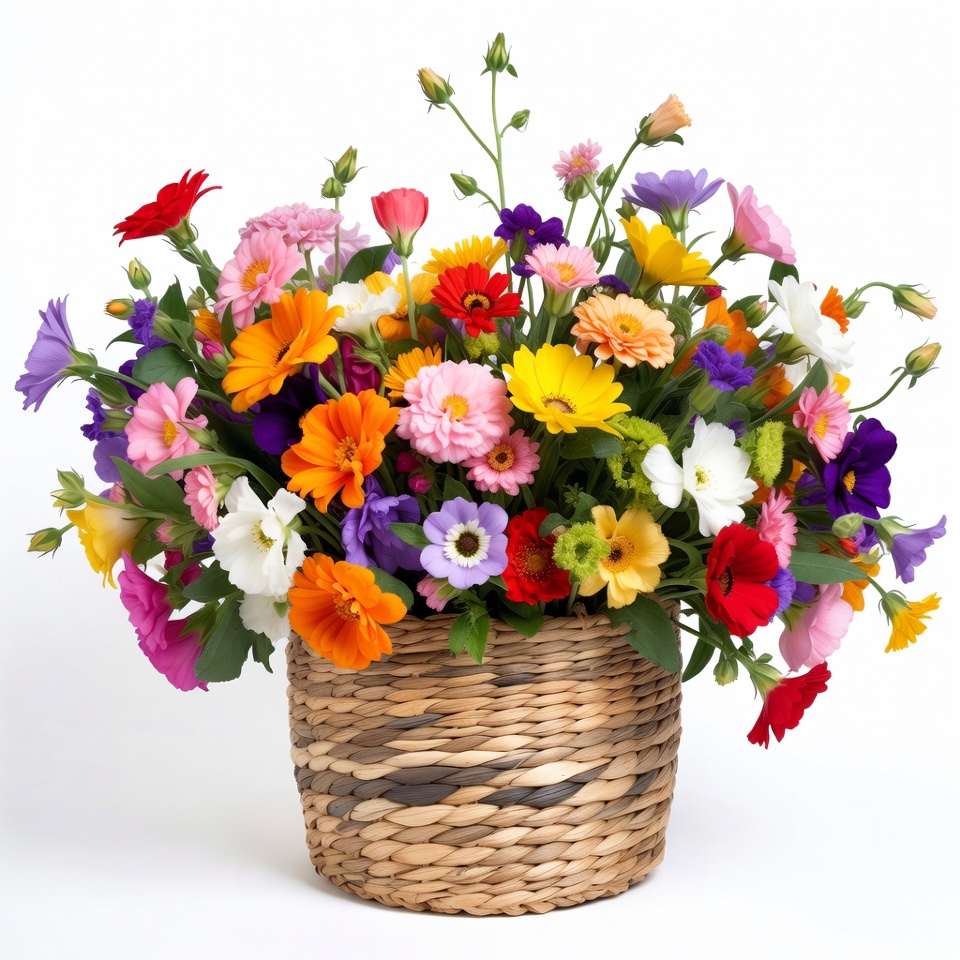 Colorful Flowers in Wicker Basket Colorful Flowers in Wicker Basket