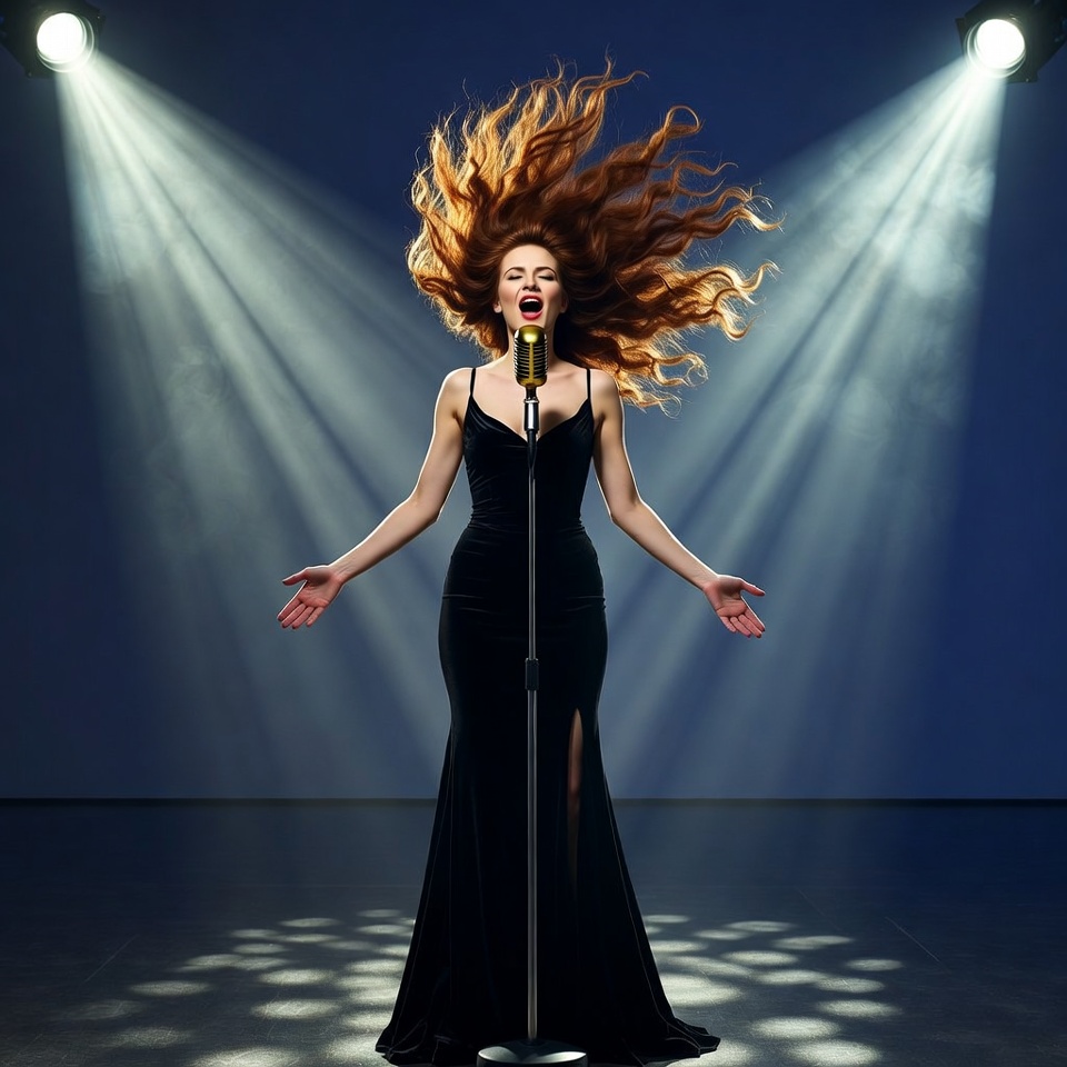 Woman singing with microphone on stage Woman singing with microphone on stage