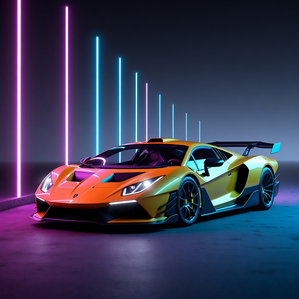 Yellow Lamborghini in Neon Lights Yellow Lamborghini in Neon Lights