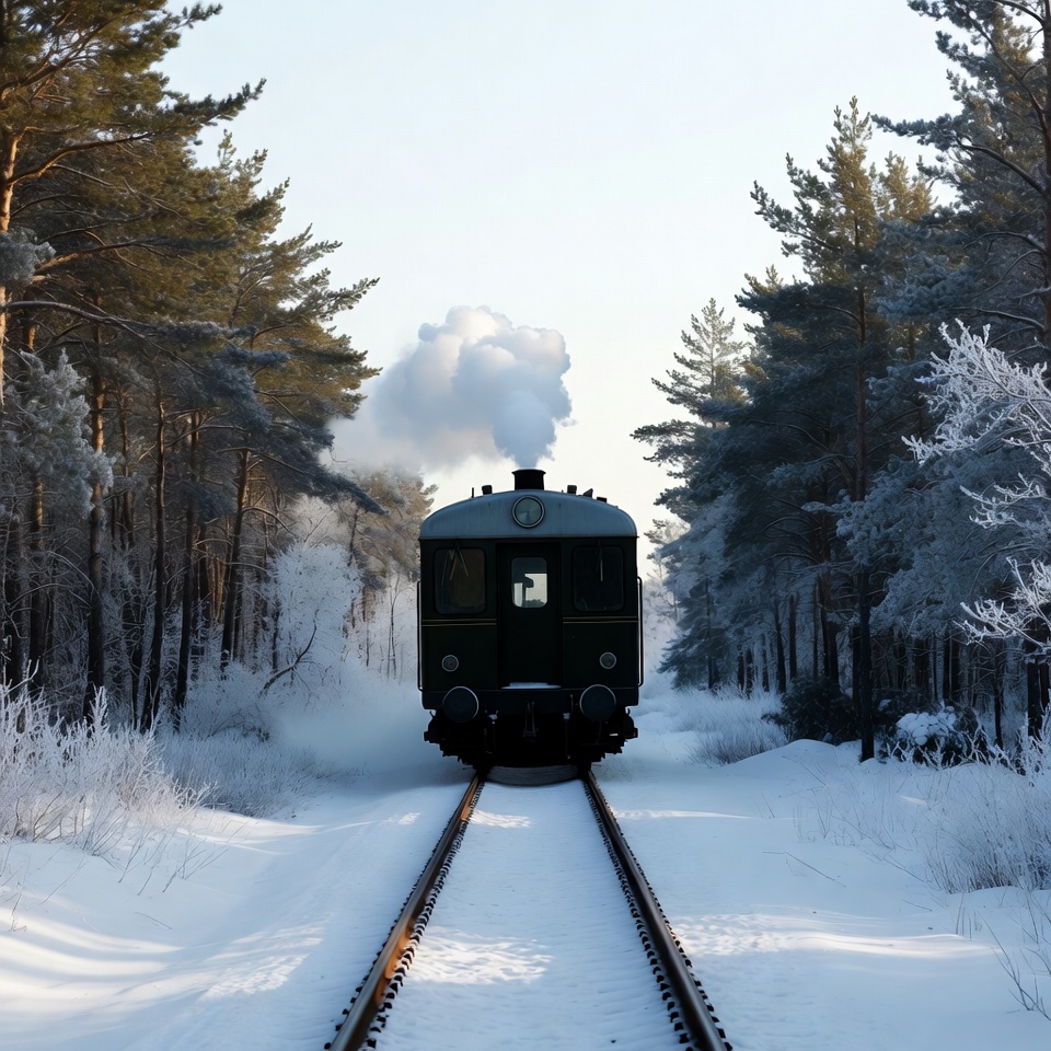 Steam Train in Snowy Pine Forest Steam Train in Snowy Pine Forest