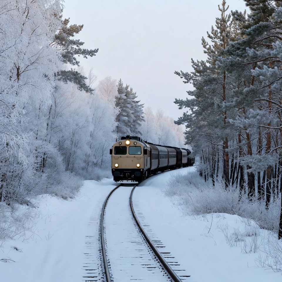 Yellow train snowy forest tracks Yellow train snowy forest tracks