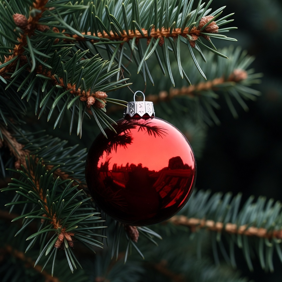 Red Christmas ornament on fir branch Red Christmas ornament on fir branch