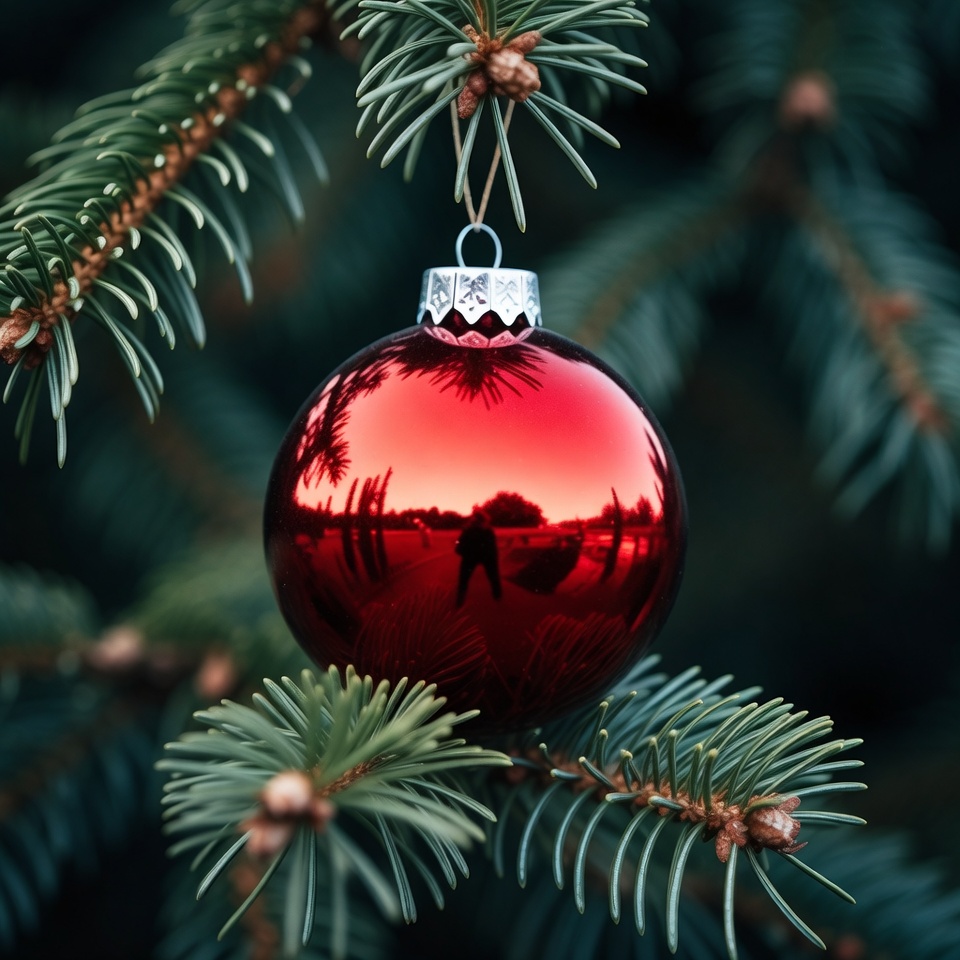 Red Christmas ornament on fir tree Red Christmas ornament on fir tree