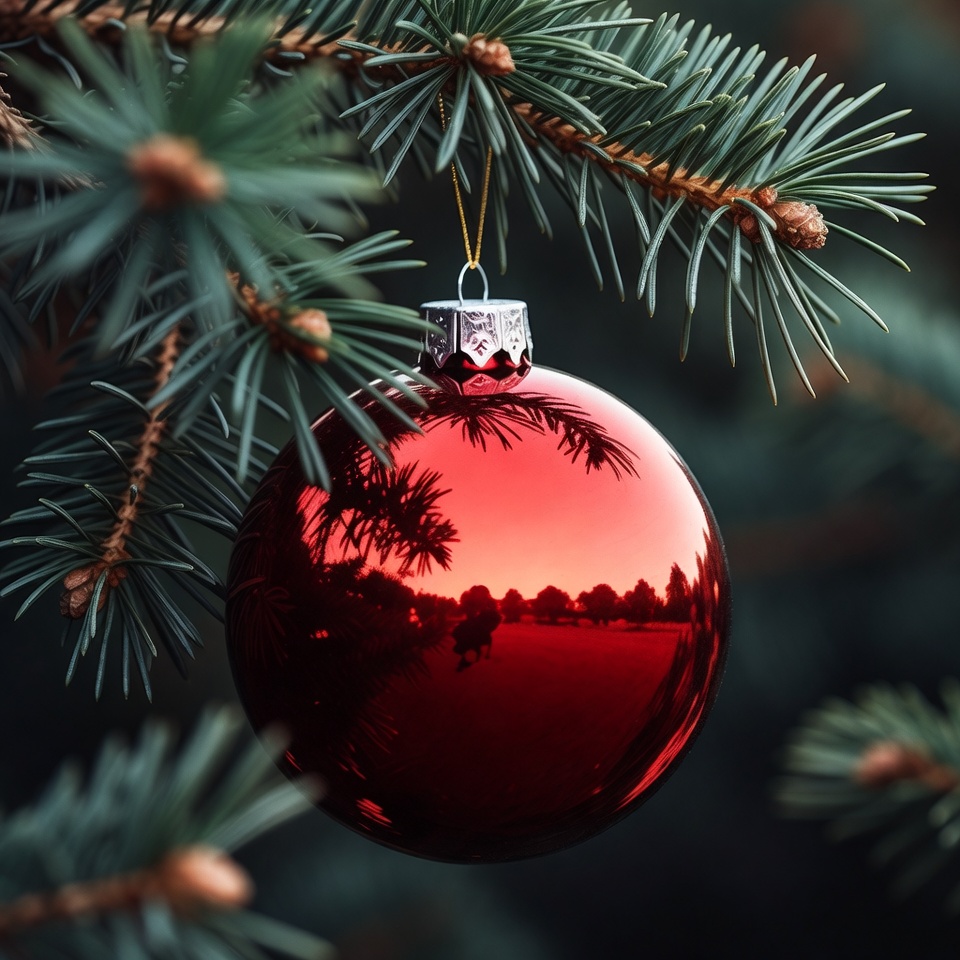 Red Christmas ornament on fir branch Red Christmas ornament on fir branch