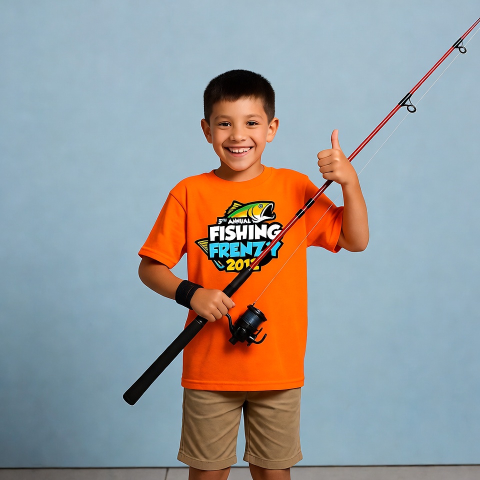 Boy holding fishing rod thumbs up Boy holding fishing rod thumbs up