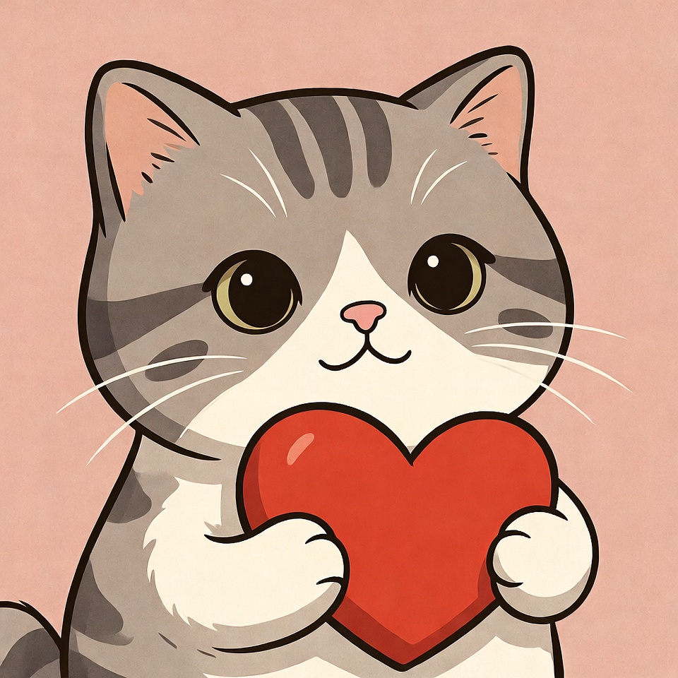 Cute gray cat holding red heart Cute gray cat holding red heart